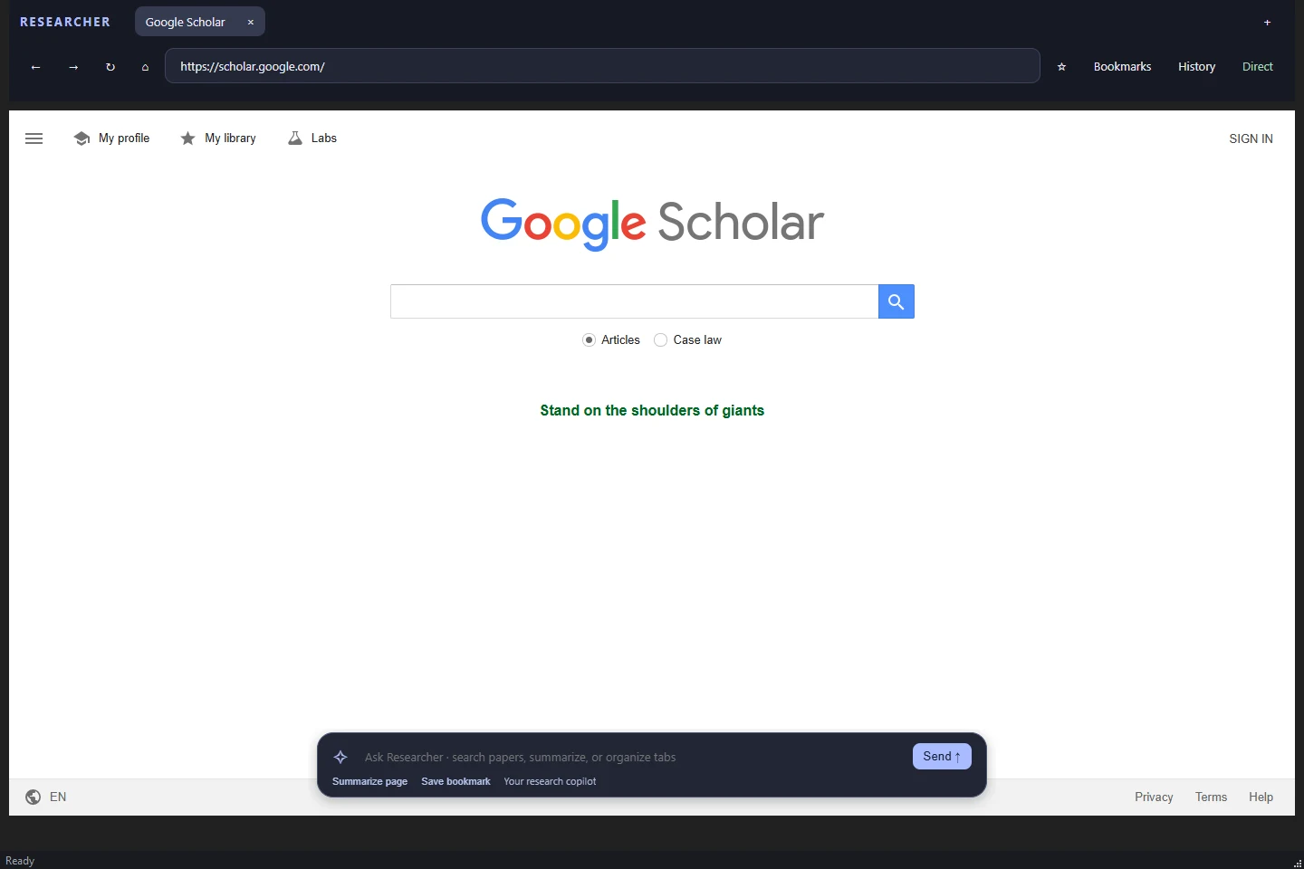Researcher desktop browser showing Google Scholar and its floating AI assistant