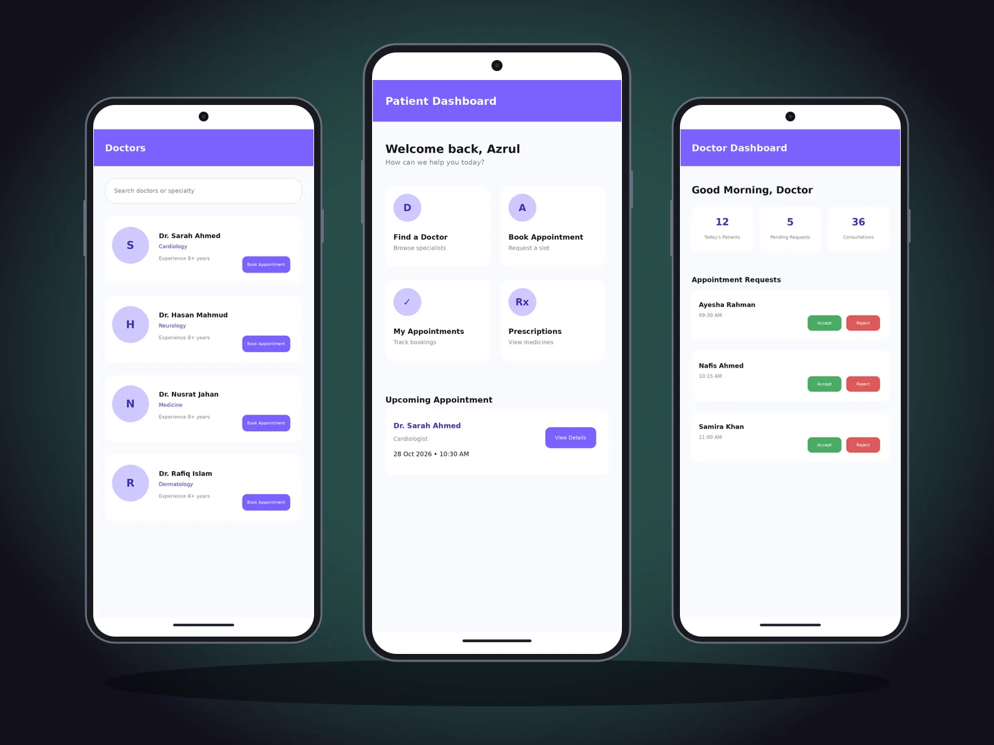 MedEase doctor directory, patient home, and doctor home in Android device mockups