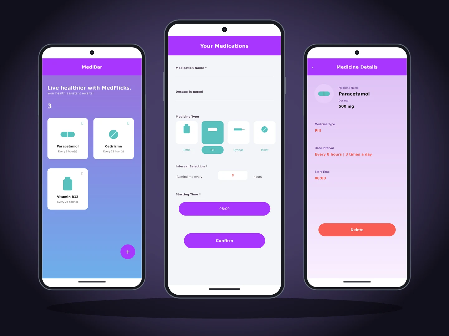 Med Reminder screens in Android device mockups