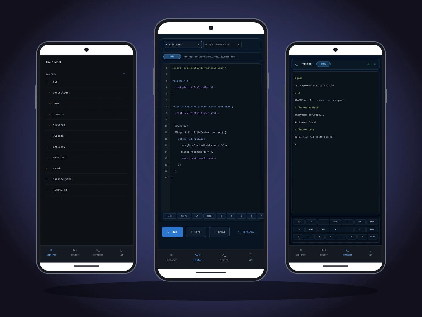 DevDroid project explorer, code editor, and terminal in Android device mockups