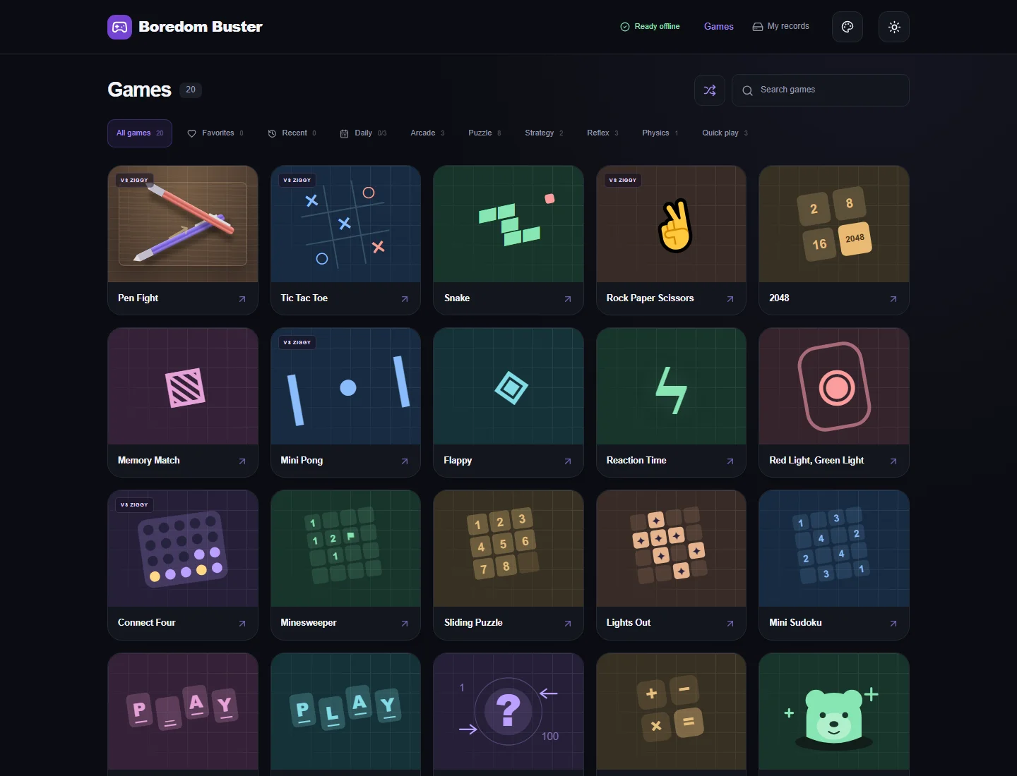 Boredom Buster desktop game library in dark mode